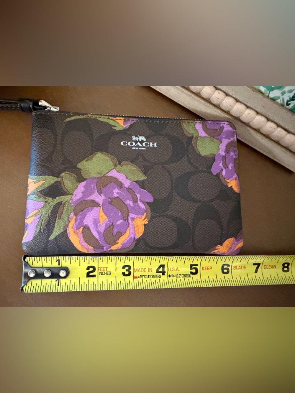 Coach Beautiful Brown Signature Wristlet with Purple & Green Floral Print - Picture 6 of 6